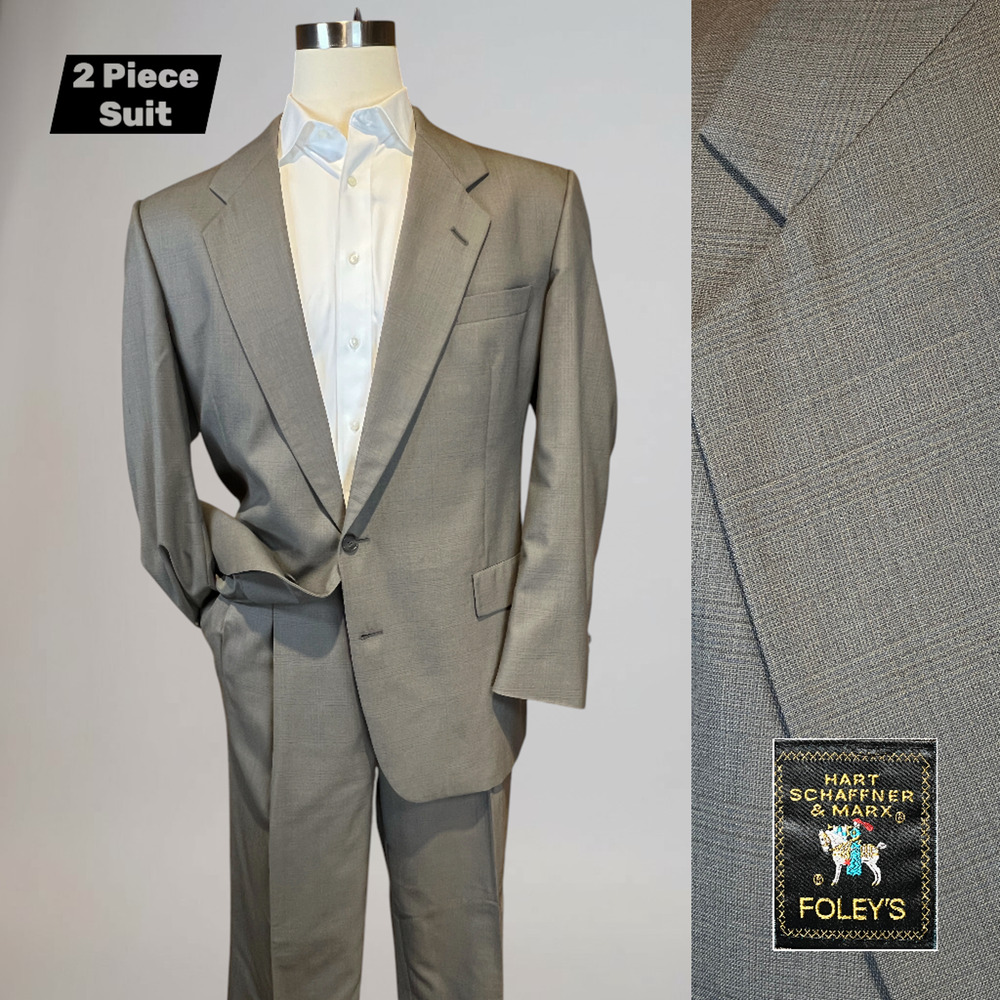 Vtg Hart Schaffner Marx 46L 40x31 Taupe Olive Gray Plaid Suit USA